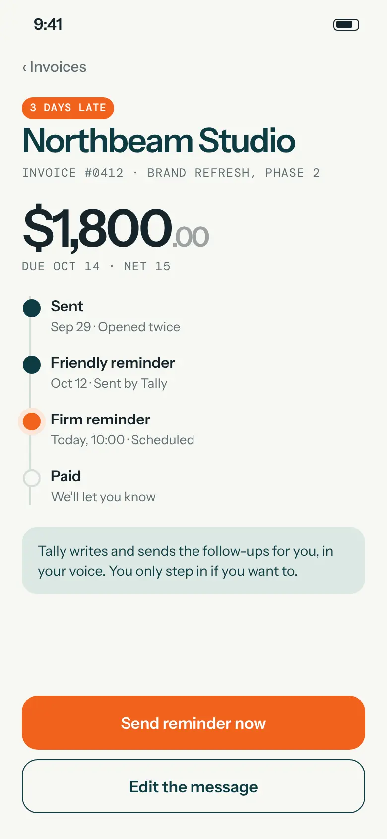 Tally invoice screen with automatic reminder timeline