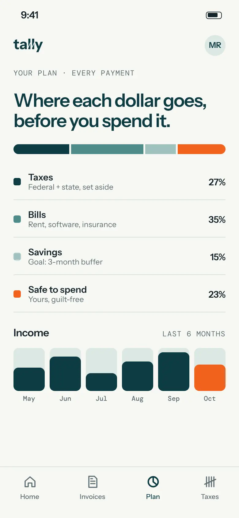 Tally plan screen splitting each payment into taxes, bills, savings and spending