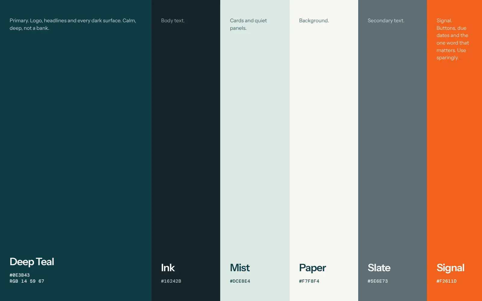 Tally color palette: deep teal, ink, mist, paper, slate and signal orange