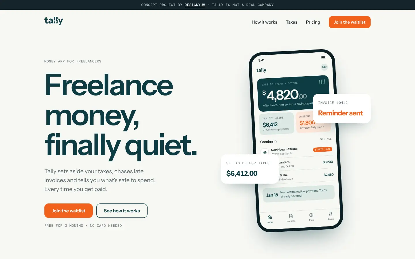 Tally landing page hero: Freelance money, finally quiet